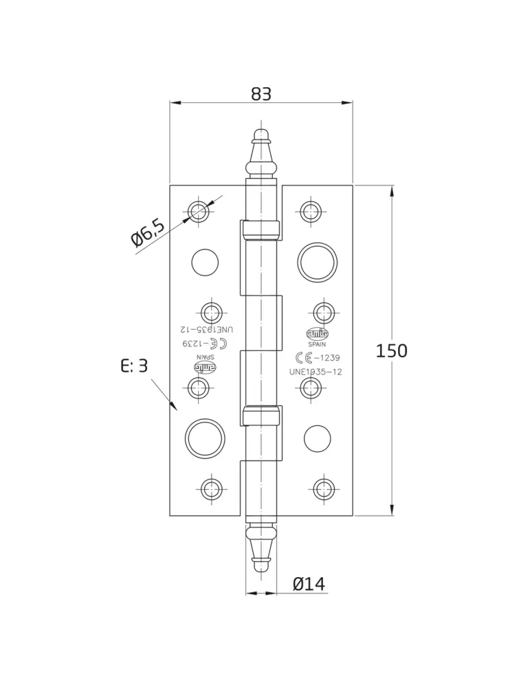 Bisagra seguridad 567C - 150 x 83 x 3 mm - Acero inoxidable 18/8 - Mate