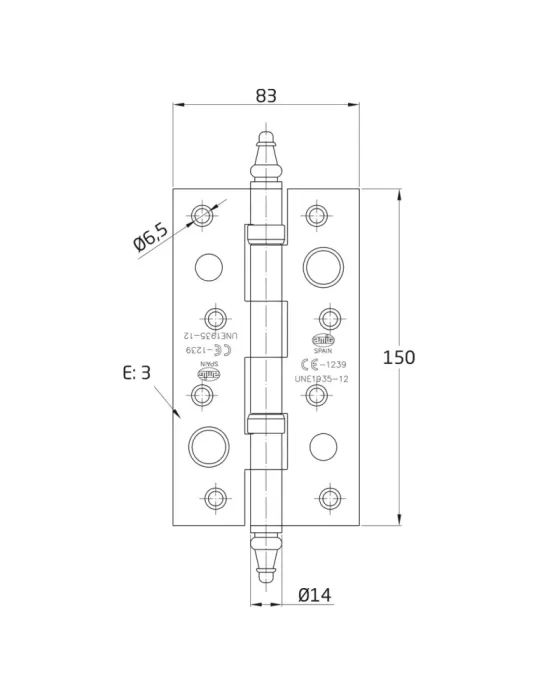 Bisagra seguridad 567C - 150 x 83 x 3 mm - Acero inoxidable 18/8 - Mate
