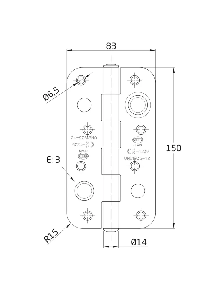 Bisagra seguridad 571C - 150 x 83 x 3 mm - Acero inoxidable 18/8 - Mate