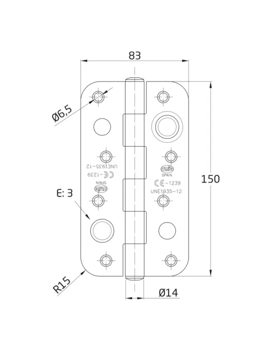 Bisagra seguridad 571C - 150 x 83 x 3 mm - Acero inoxidable 18/8 - Mate