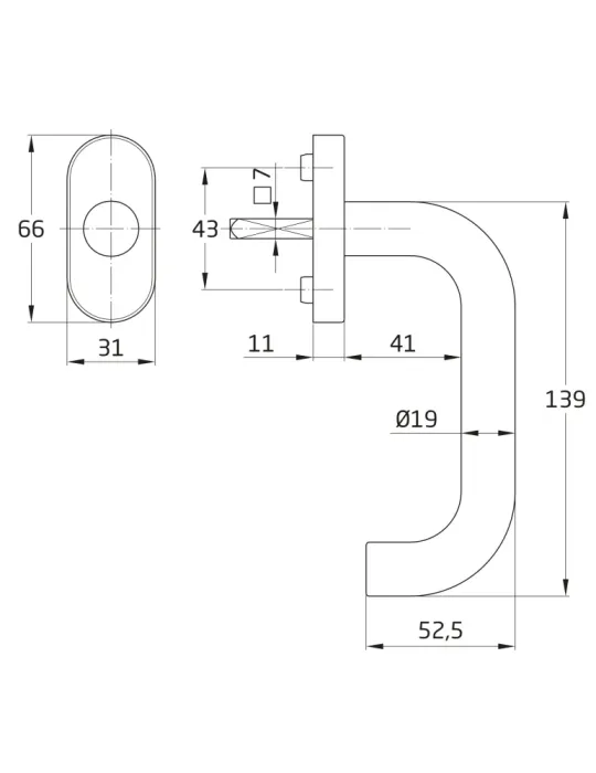 Manilla para ventana 3V - 66 x 31 mm - Acero inoxidable 18/8 - Mate