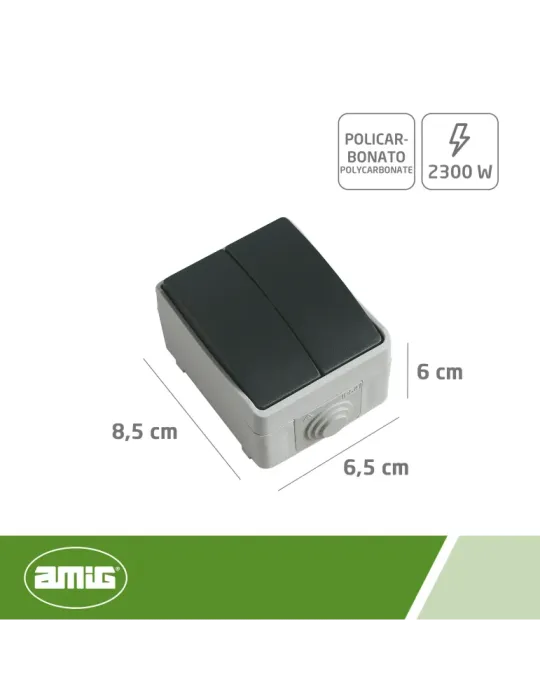 Interruptor doble estanco IP54 3622 - 90 x 65 x 52 mm - Policarbonato - Gris