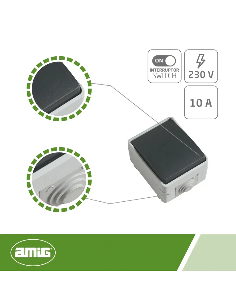 Interruptor estanco IP54 3621 - 90 x 65 x 52 mm - Policarbonato - Gris